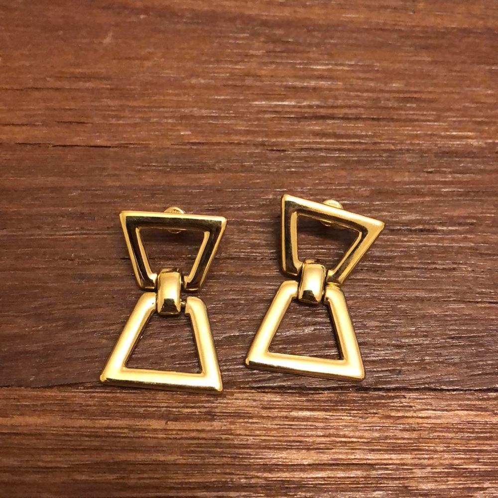 Monet Vintage Gold Plated Geometric Drop Earrings 80s Modernist Style